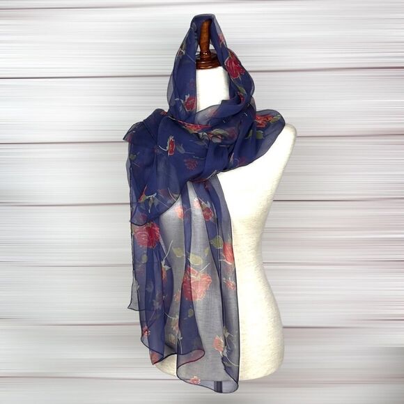 Silk Chiffon Blue with Floral Roses Print Lightweight scarf - Picture 10 of 13